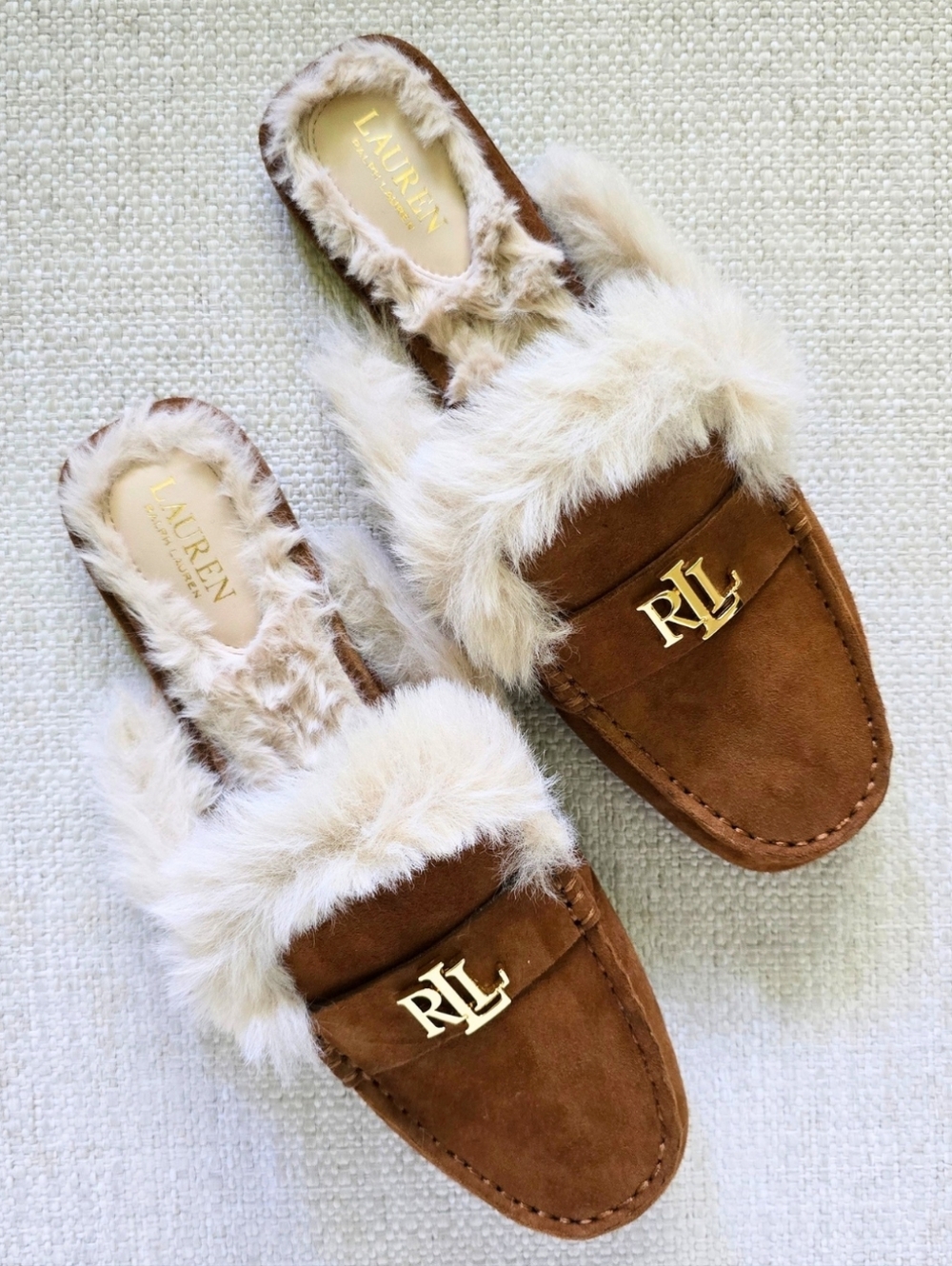 Lauren Ralph Lauren Savanah Whiskey Suede Faux Fur Backless Mules Size 7